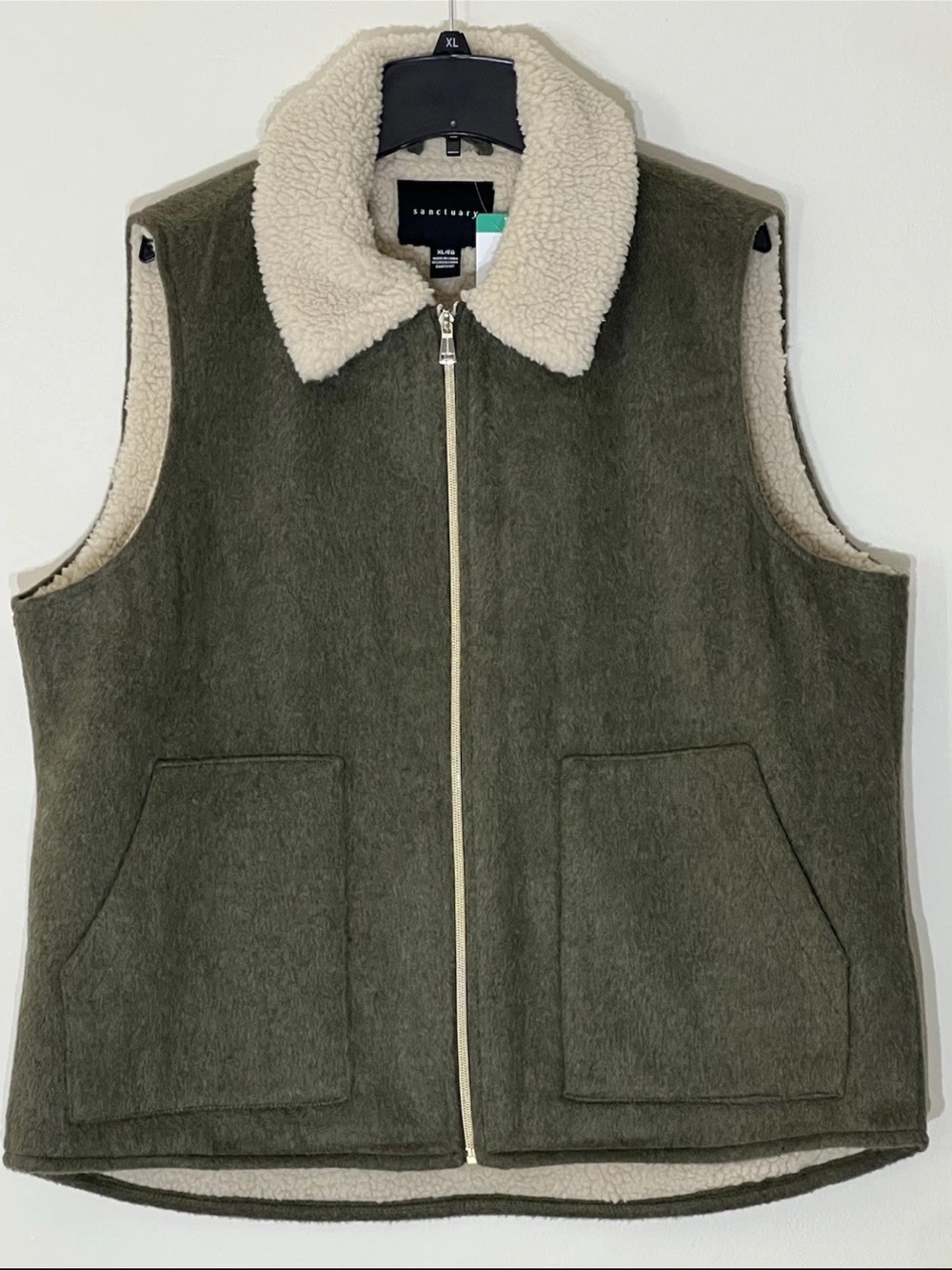Sanctuary Mixed Media Sherpa Lined Zip Vest Olive Green Size Large